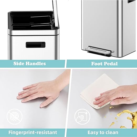 Kitchen Trash Can, 2 x 5.28 Gal (2 x 20L) Dual Trash Can with Recycle Bin, Stainless Steel Garbage Can, Fingerprint-Resistant Soft-Close Dual Recycling Bins for Kitchen