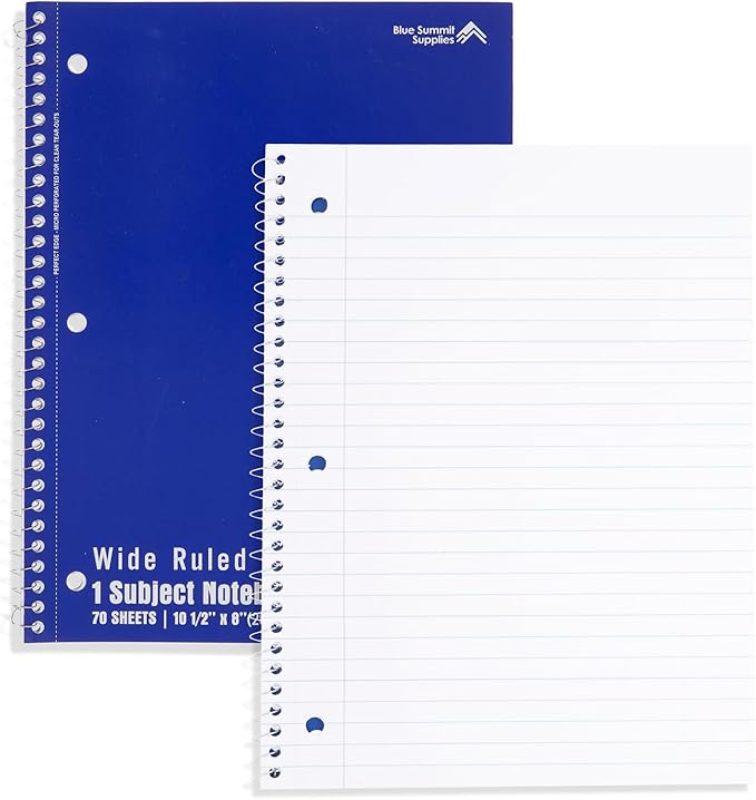 Blue Summit Wide Ruled Spiral Notebooks Bulk, 1 Subject Spiral Notebook Wide Ruled, Paper School Bulk Notebooks, 48 Pack