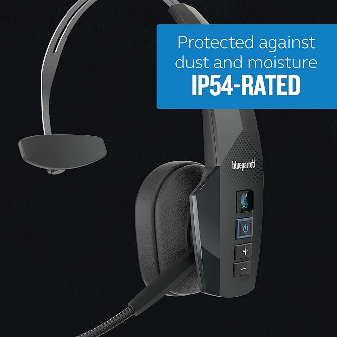 BlueParrott B350-XT Mono Bluetooth Wireless Headphones 96% Noise Canceling Over Head Trucker Headset with Mic, Adjustable Lightweight Headband, IP54-Rated Protection, 24 hrs. Talk Time, Black