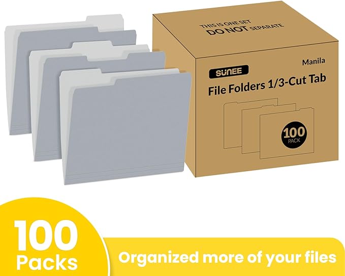 SUNEE File Folders Letter Size Gray, 100 Pack Manilla Folders 8.5 x 11 1/3-Cut Tabs, Colored File Folders Office Home School for Documents Files Paper