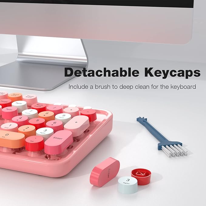 MOFII Wireless Keyboard and Mouse, Pink Colorful Round Key Retro Typewriter Keyboards, USB Wireless 2.4G Full Size Keyboard and Cute Mice Combo for Computer, Laptop, PC, Chromebook, Smart TV