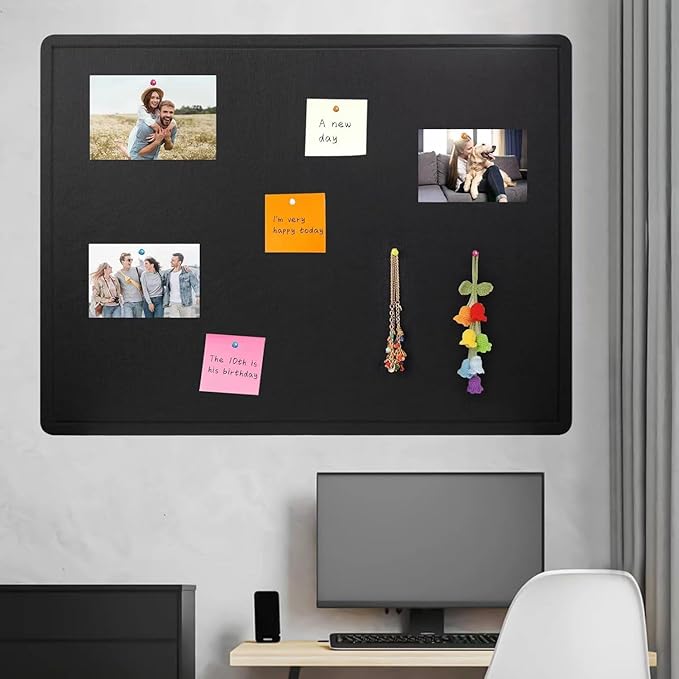 Bulletin Board, 23.5 X 17.5 inches Cork Board with 20 Pushpin, Felt Cork Board Notice Pin Board, Self-Adhesive Vision Board Mood Board Foldable Photo Board for Wall - Black