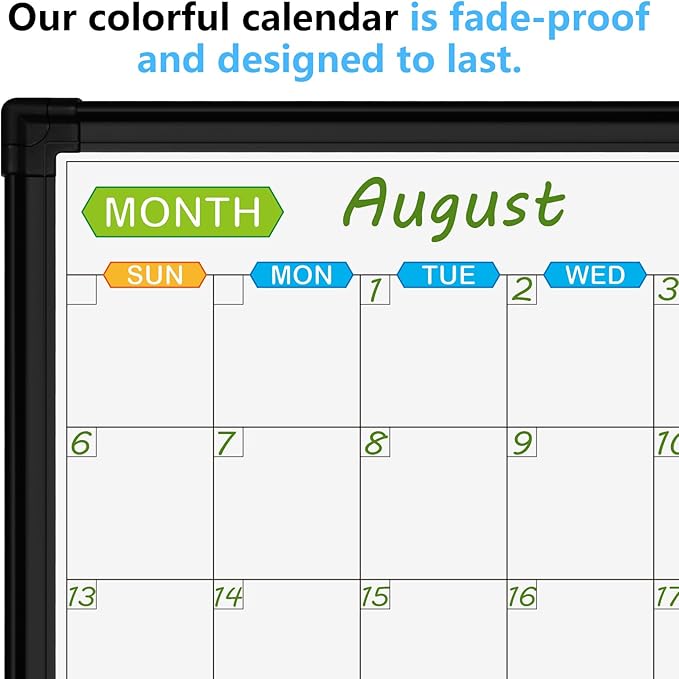 JILoffice Magnetic Calendar Whiteboard & Bulletin Corkboard Combination, Combo Board 20 x 28 Inch, Black Aluminum Frame Wall Mounted Board for Office Home and School with 10 Push Pins