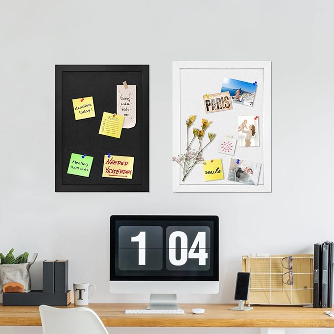 2P Cork Board Bulletin Board, Pin Board Wood Framed Display with Felt, Cork Boards for Wall, Jewelry, Notes, Memos, Photos, Home, Kitchen, Office, School, 15"x11", Wood Framed(Black) & Felt(Black)