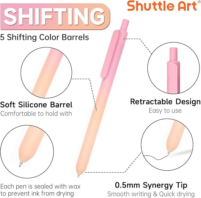 Shuttle Art Retractable Pastel Shifting Gel Ink Pens, 15 Pack Black Ink Pens, Cute Pens 0.5mm Fine Point Soft Aesthetic Barrel for Smooth Writing Journaling Taking Notes School Office Home