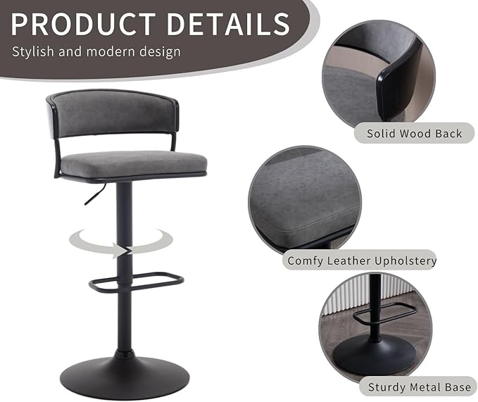 Adjustable Modern Bar Stools Set of 4 Faux Leather Barstools Swivel Counter Height Bar stools with Curved Back/Black Metal Base Comfy Upholstered Bar Chairs for Kitchen Island, Grey