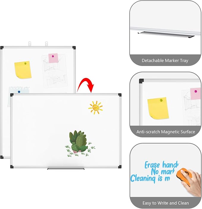 XBoard Magnetic Whiteboard 36 x 24 Inch, Hanging Dry Erase Board with Aluminium Frame & Marker Tray 3' x 2' | Wall Mounted Magnetic White Board for Home School Office