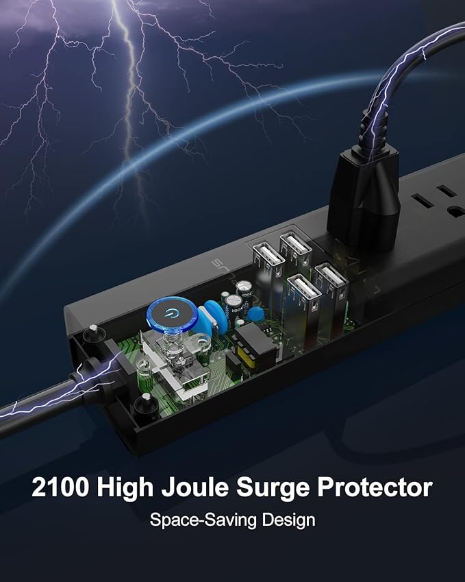15 Ft Power Strip Surge Protector, 6 Outlets and 4 USB Ports, Flat Plug Power Strips Long Extension Cord with Overload Protection, Wall Mount for Home, Office, Dorm, ETL Listed Black