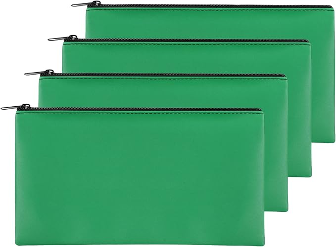 4Pack Money Bag 11 X 6 ", Safe Durable Money Bags with Zipper for Cash Waterproof, Coin Money Pouch PU Leather Bank Bag, Bank Bags with Zipper for Checks Makeup Bills Receipts Tool Storage Bag (Green)