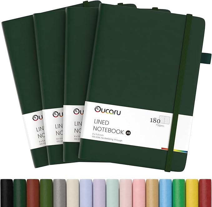 Lined Journal Notebook, 4 Pack, 180 Pages, A5 Journals for Writing, 100 GSM Thick Paper, Small Notebooks Daily Journal for Women Men Work, Business, School, Travel Supplies