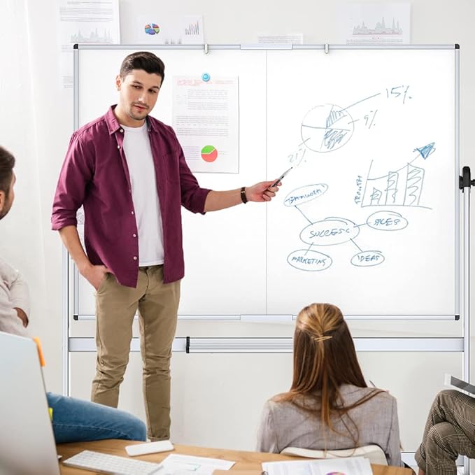 VIZ-PRO Double-Sided Mobile Whiteboard, 72 x 48 Inches, Magnetic Rolling Dry Erase White Board on Wheels with Aluminium Frame and Stand