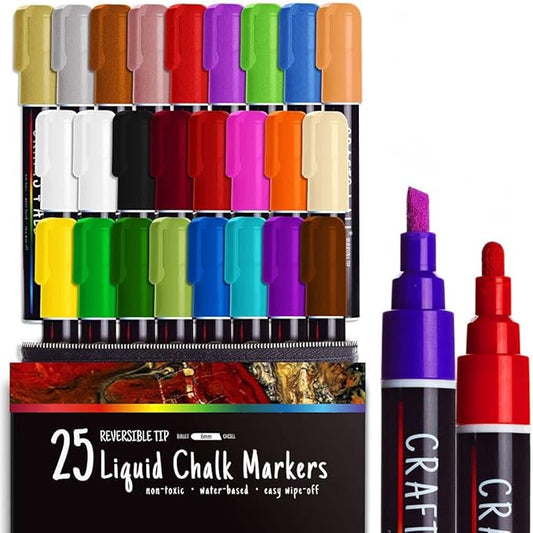 Crafts 4 All Liquid Chalk Markers for Blackboard Signs, Bistro Menu, Car Window Glass - Dry Erase, Washable - 25 Colored Chalk Pens w/Reversible Tips & Tweezers - Bonus White Chalkboard Marker