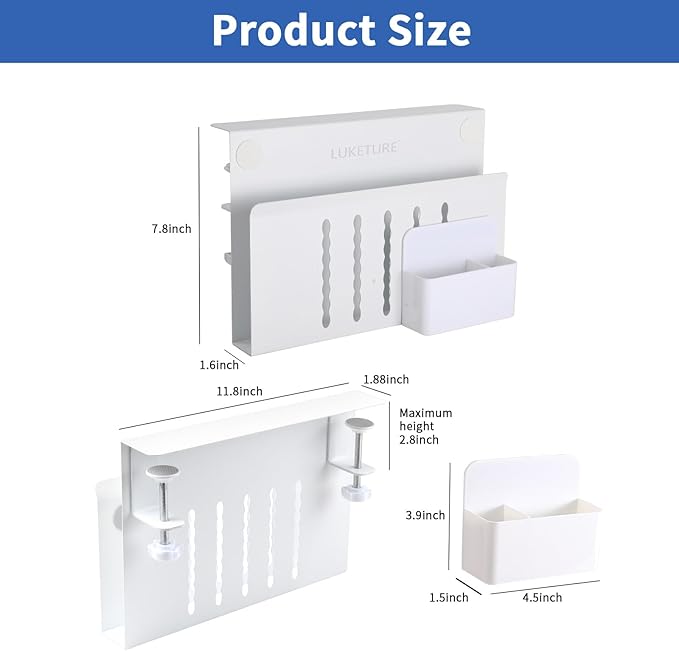LUKETURE Desk Side Storage, Steel Side Desk Organizer, No Drill Laptop Holder, Clamp on Laptop Mount with Pen Holder, Table Hanging Storage for Home Office, Fits Flat Edge Tables 0.3" to 2.8"