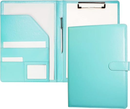 Clipboard Folder Padfolio, Writing Portfolio Faux Leather Clipboards with Cover for Legal Pad Holder Letter Size A4 8.5 x 11 for Business Conference Notepad Clip Boards (Pale Turquoise)