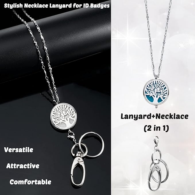 Lanyards for Keys Women Cute Teacher Lanyards for ID Badges Strong Stainless Steel Chain Lanyard Keychain Necklace Long Name Tag Badge Holder with Lanyard Work Diffuser Jewelry Tree of Life