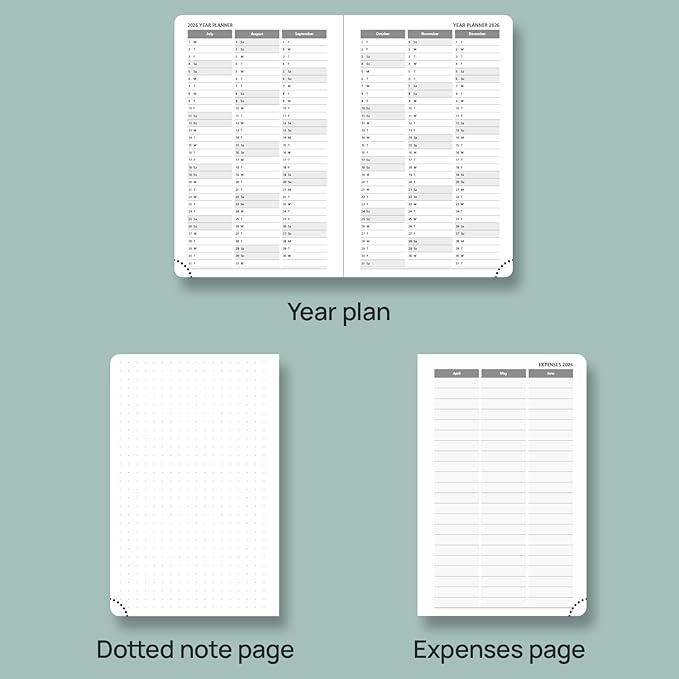 POPRUN Pocket Planner 2025-2026, (Purse Size 4''x 6.25'' Hard Cover) Academic Year Calendar Daily Weekly and Monthly (July 25-June 26) with Hourly Time Slots, 100 GSM Paper - Pacific Green