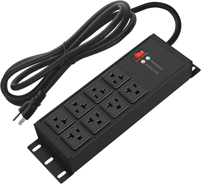 CCCEI Magnetic Heavy Duty Power Strip Surge Protector 20Amp, 12 Gauge High Amp Extension Outlets, Garage Wall Mount 8 Plug Metal Power Strip. 6FT, Black, 5-15P Adapter 6-20R T-Slot 20a for Appliance