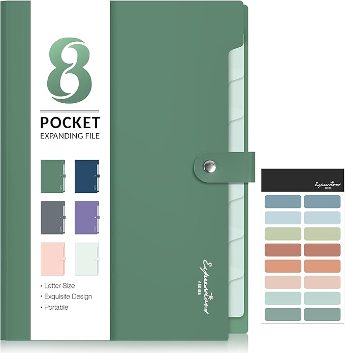Sooez Elegant Accordion File Organizer with Labels, 8 Pocket Expanding File Folder, Portable Folders for Documents, Cute Paper Organizer for School Office Supplies, Letter Size, Dark Green