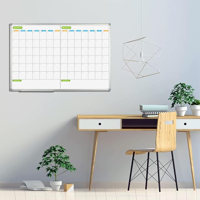 JILoffice Magnetic Dry Erase Calendar Whiteboard, 2 Month White Board Planner 36 X 24 Inch, Silver Aluminum Frame Wall Mounted Board for Office Home and School