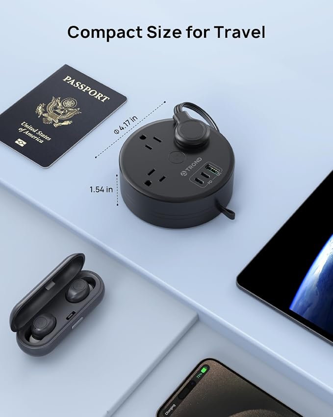 TROND 20W USB C Travel Power Strip - Retractable Extension Cord 5ft Ultra Thin Flat Plug, Power Strip with 3 AC Outlets and USB C Fast Charging, Cruise Ship Essentials, for Home Hotel Dorm Room, Black