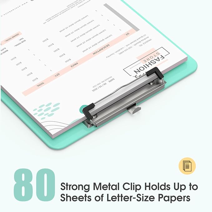 Plastic Clipboards, A4 Teal Clip Board 8.5x11 for Classroom, Students, Kid, Woman, Size 9" x 12.5" with Low Profile Clip, Office & School Supply