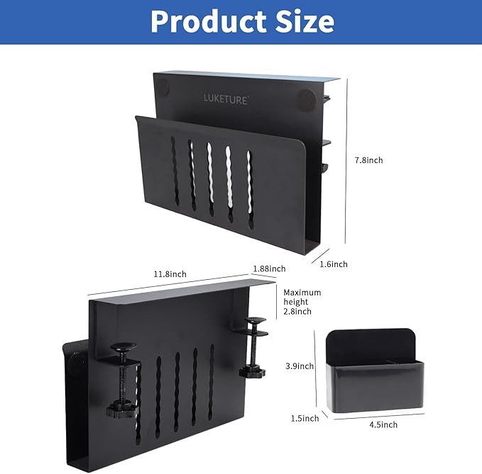 LUKETURE Desk Side Storage, Steel Side Desk Organizer, No Drill Laptop Holder, Clamp on Laptop Mount with Pen Holder, Table Hanging Storage for Home Office, Fits Flat Edge Tables 0.3" to 2.8"
