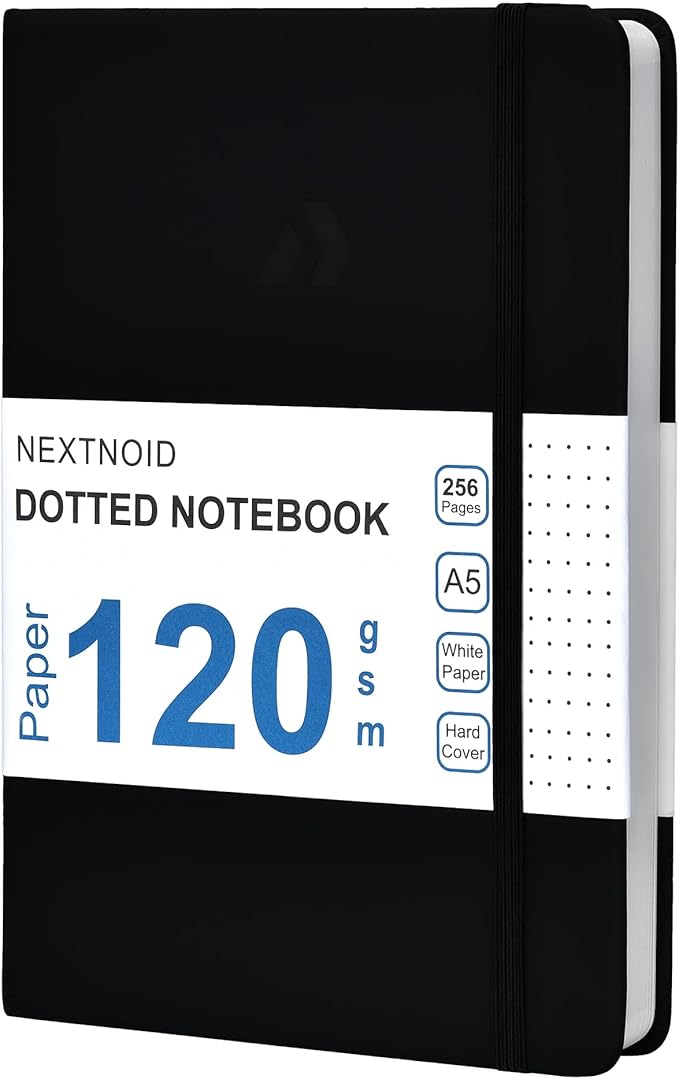 Nextnoid Hardcover Dotted Journal Notebook - 120 GSM Thick Paper, Medium A5-256 Pages - Perfect For Handwriting, Diagrams, Note-Taking and To-Do Lists (Dot, Black)