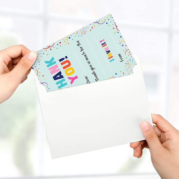 72 Pieces Kids Thank You Cards Fill in the Blank Thank You Notes with Envelopes Colorful Thanks Cards for Birthday Party(Confetti Style)