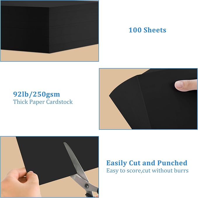 OcePor 100 Sheets Black Cardstock 12” x 18”, 92lb/250gsm Black Card Stock, Thick Card Stock Paper, Heavy Cardstock Paper for Printer, Resume, Scrapbooks, Art, Crafts, Business Cards