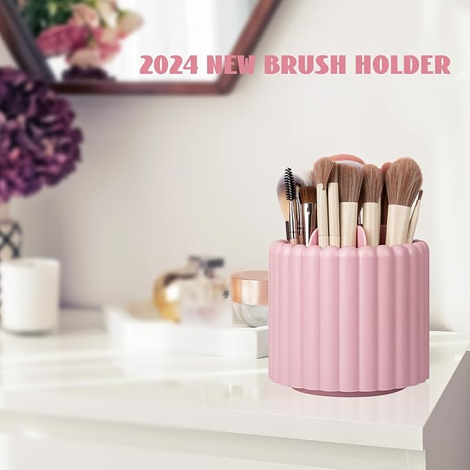 Anyoifax 360 Rotating Makeup Brush Holder 7 Slots Make Up Brush Organizer Removable Spinning Cosmetic Brushes Storage Pen Holder for Vanity, Dresser, Desk, Pink