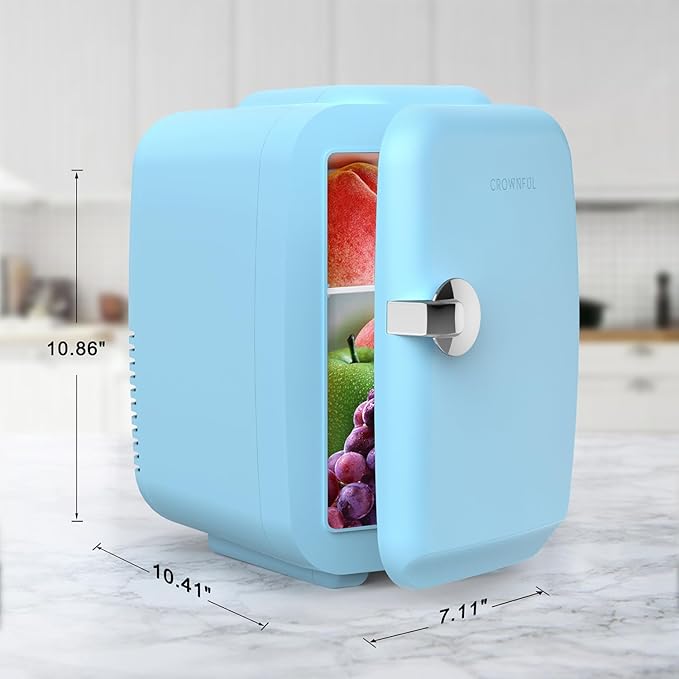 CROWNFUL Mini Fridge, 4 Liter/6 Can Portable Cooler and Warmer Personal Fridge for Skin Care, Cosmetics, Food,Great for Bedroom, Office, Car, Dorm, ETL Listed (Blue)