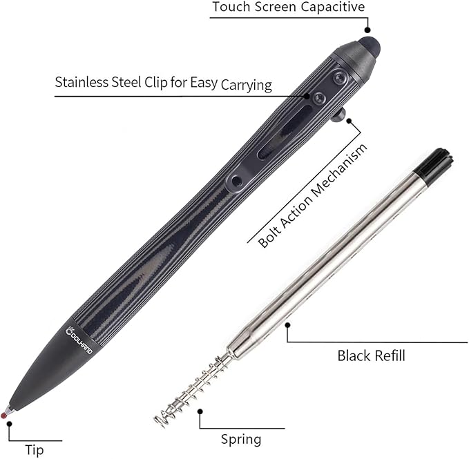 Cool Hand 5.7'' Bolt Action Pens, EDC Ballpoint Ink Refillable, Stylus for Touch Screen, G10 Body w/Pocket Clip, Ergonomic Grip, with a Free Refill, 5374-B