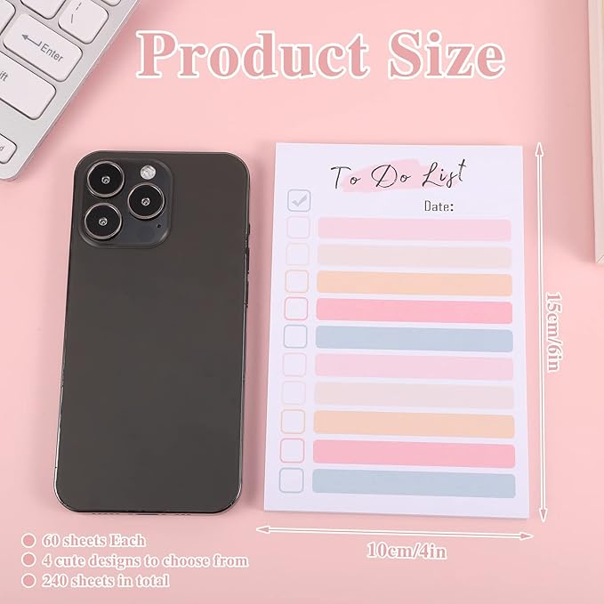 4 Packs to Do List Notepad, 240 Sheets Daily to Do List Sticky Notes 4x6Inches Memo Pad Pastel Candy Color Portable Planner for Coworkers Funny Office Gifts, 4 Cute Designs
