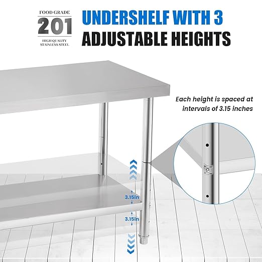 Stainless Steel Table for Prep & Work with Undershelf 24 x 30 Inches NSF Metal Commercial Kitchen Prep Table with Adjustable Under Shelf Worktable for Restaurant Home Outdoor