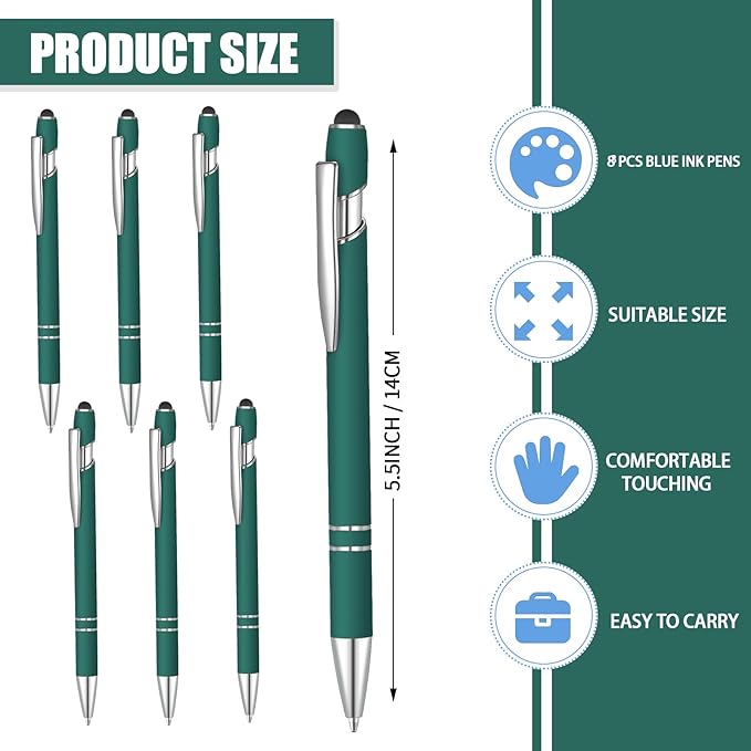 8 Pcs Blue Ink Ballpoint Pen with Stylus Tip 2 in 1 Stylus Ballpoint Pen Metal Pens Stylus Pen for Touch Screens School Office Coworkers (Dark Green)