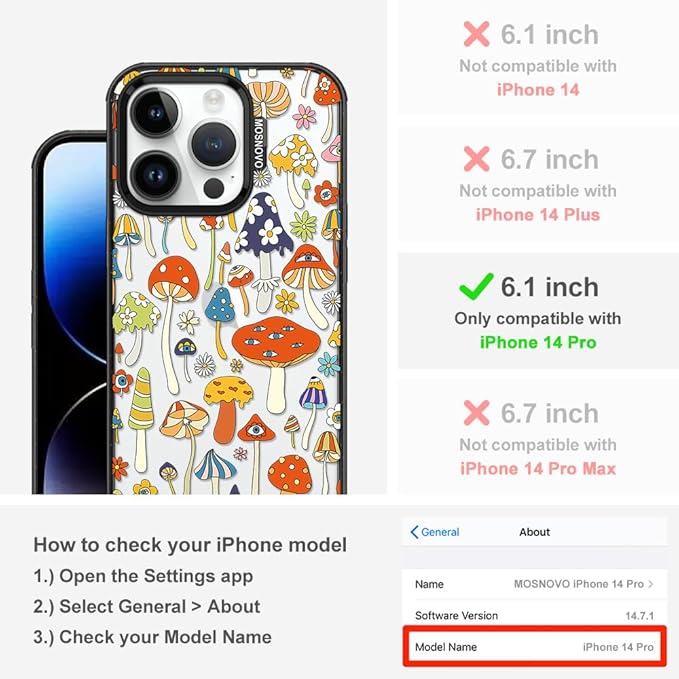 MOSNOVO Case for iPhone 14 Pro, [10ft 4X Military-Grade Drop Protection] Durable & Shockproof Phone Case Cover Design for iPhone 14 Pro - Mushroom Art - Clear Black