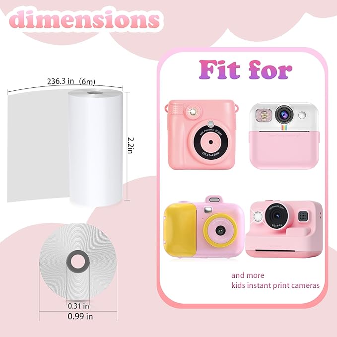 25 Rolls Kids Camera Instant Print Refill Paper Set, Phetium HD Printing Thermal Paper for Most Kids Instant Camera Photo Print (White-25 Rolls)