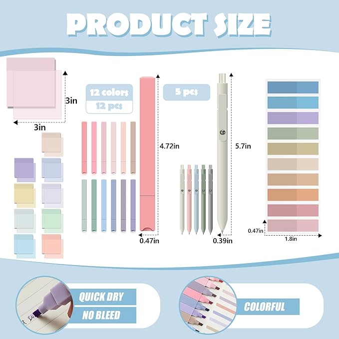 Jutom 39 Pcs Aesthetic Book Annotation Kit Pencil Case Bag with Highlighter Gel Pen 700 Sheets Transparent Sticky Notes Pads Index Tab Bible Study Supplies for School(Purple,Cute Style)