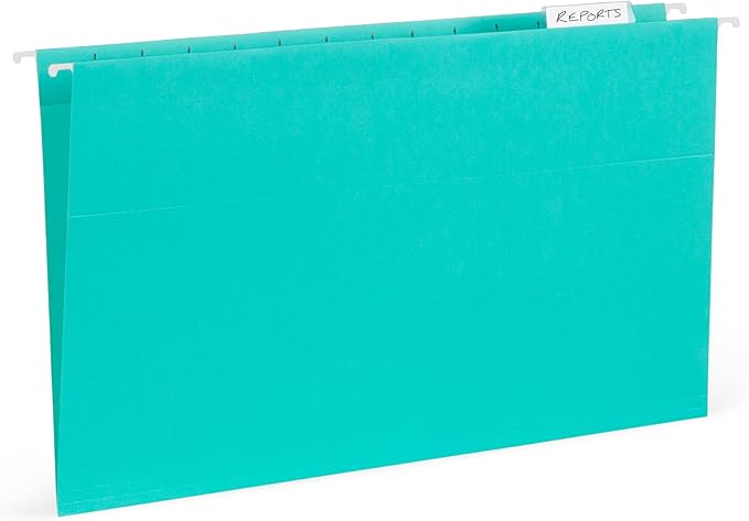 25 Blue Summit Supplies Legal Size Hanging File Folders - Assorted Gem Tone Colors (Turquoise, Teal, Coral, Purple, Magenta), Durable 11pt Paper, Plastic Tabs and Inserts Included