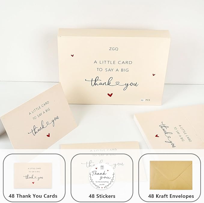 48 Pack Thank You Cards with Envelopes & Stickers, 4×6 Cute Blank Greeting Cards for Baby Shower & Wedding，Boxed Bulk Thank You Notes for Graduation Teachers Business Coworker Employee Appreciation