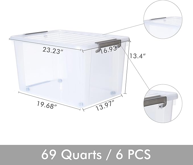 Citylife 6 Packs 69 QT Plastic Storage Bins with Lids Large Stackable Storage Containers for Organizing Clear Storage Box for Garage, Closet, Kitchen