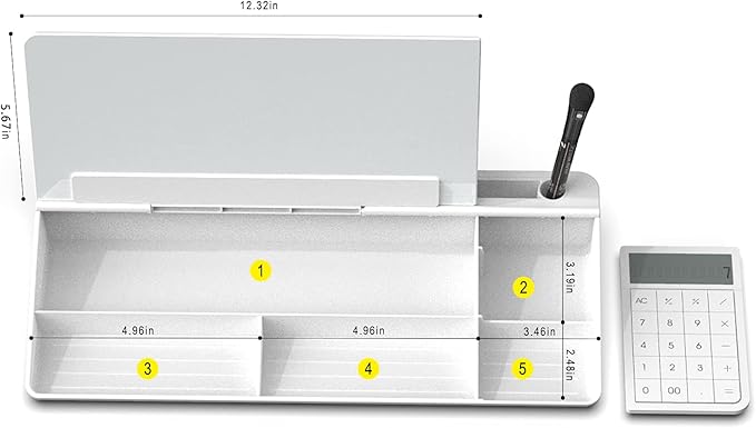 TOWON Desktop Glass Whiteboard with Basic Calculator, 12 Digit LCD Display, Desk Organizers with Accessories for Office, Home, School Supplies, Storage with Dry Erase Board Surface, White, 18'' x 6''