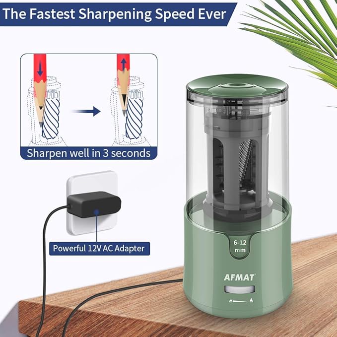AFMAT Electric Pencil Sharpener, Auto Stop, Super Sharp & Fast, Electric Pencil Sharpener Plug in for 6-12mm No.2/Colored Pencils/Office/Home-Green