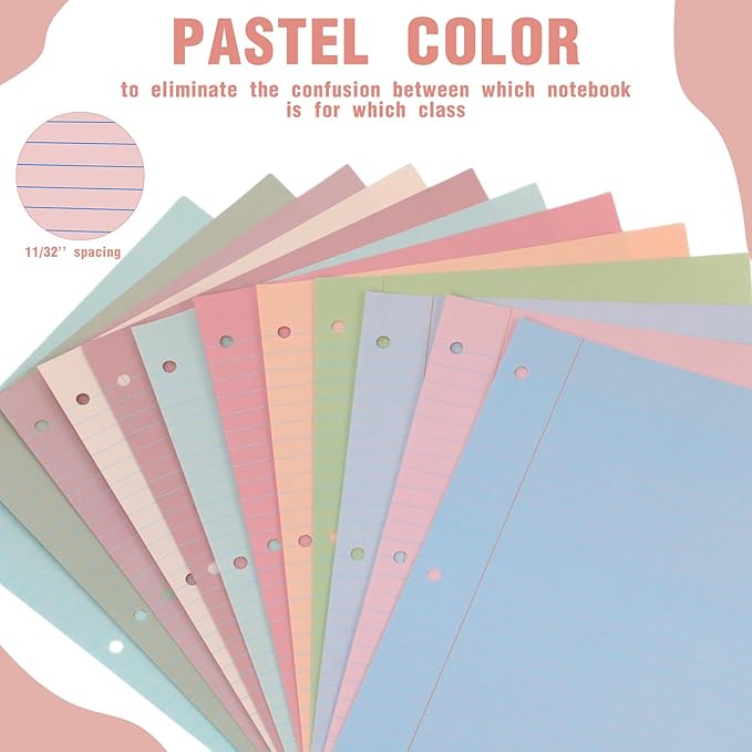 PerKoop 12 Pack 600 Sheets Colored Lined Paper Bulk Wide Ruled 8 x 10.5 Inches, Pastel Loose Leaf Notebook Paper 3 Hole Punched Filler for Back School Classroom Supplies(Boho Color)