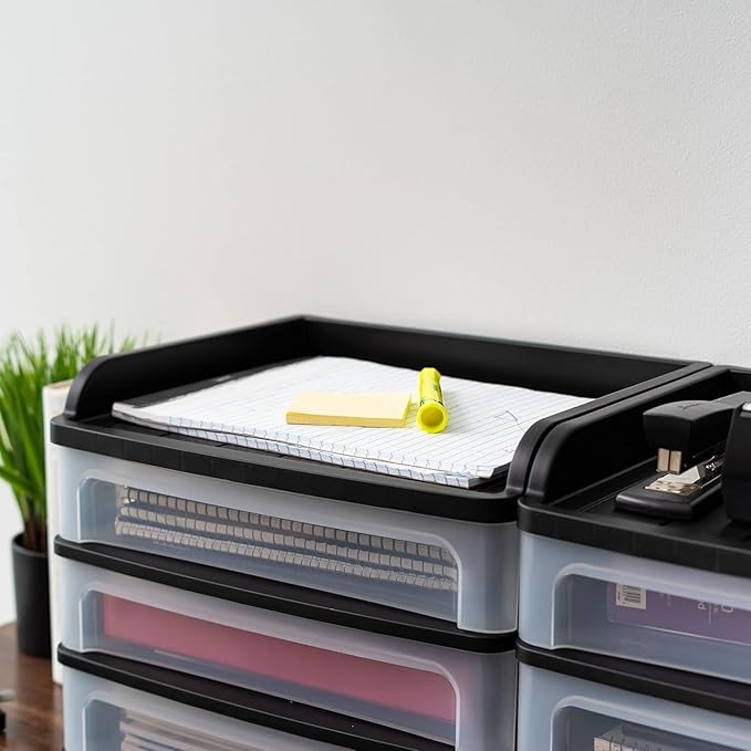 IRIS USA Plastic Desk Top 3-Drawer Storage Organizer with Paper Tray Top, 1-Pack, for Makeup Vanity Nail Polish Bathroom Stationery Art Craft Supplies Kitchen Office Garage Organization, Medium, Black