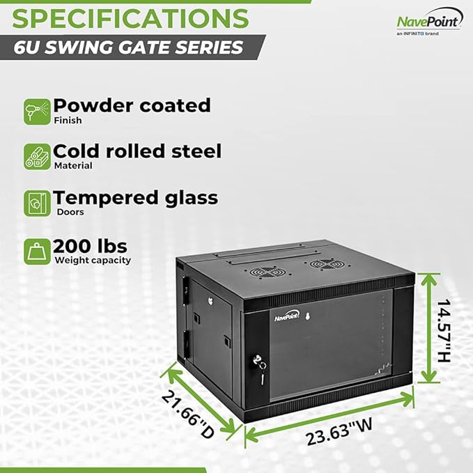NavePoint 6U Server Cabinet with Hinged Back - 21.6” Deep, 6U Server Rack Enclosure with Locking Glass Door, Wall Mount Rack with Removable Side Panels, 6U Network Cabinet with 2 Fans, Pre-Assembled