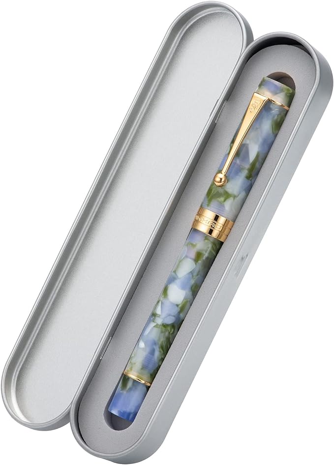 Jinhao 100 Fountain Pen Celluloid Classic Style, #6 Nib Smooth Writing Instrument with Refillable Converter and Pen Case Set
