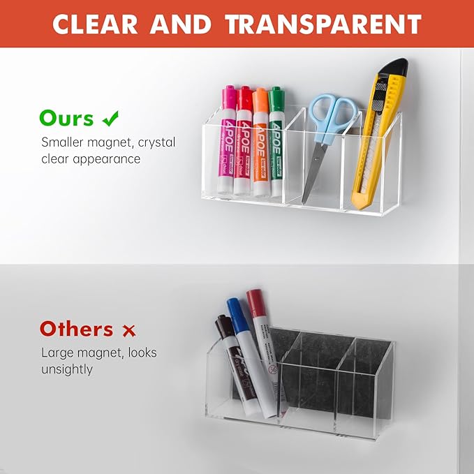 Magnetic Dry Erase Marker Holder, Acrylic Magnet Pen Holder for Whiteboard, Refrigerator, Magnetic Fridge Organizer for Office, Classroom, Whiteboard Maker Holder, Locker Organizer