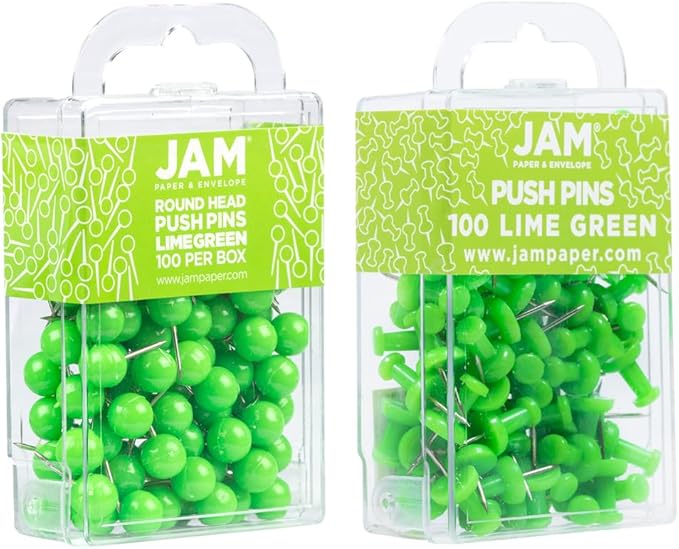 JAM PAPER Colorful Push Pins - Flat & Round Head Thumb Tack Combo Set - Lime Green Pushpins - 200/Pack