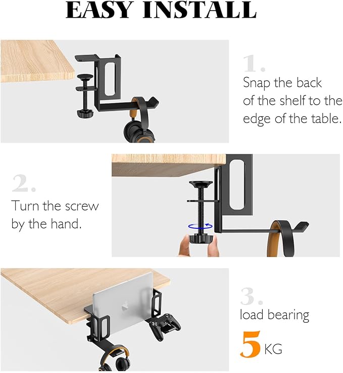 Desk Side Storage,Adjustable Laptop Holder for Desk Side, Steel Hanging Desk Organizer,Clamp on Desk Side Storage Organizer for Laptops/MacBook/Keyboards/Headphone/Gamepad/Backpack(Black)